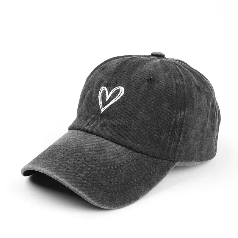 Peach Heart Embroidery Washed Baseball Cap Unisex – Soft Top Spring Summer Hat
