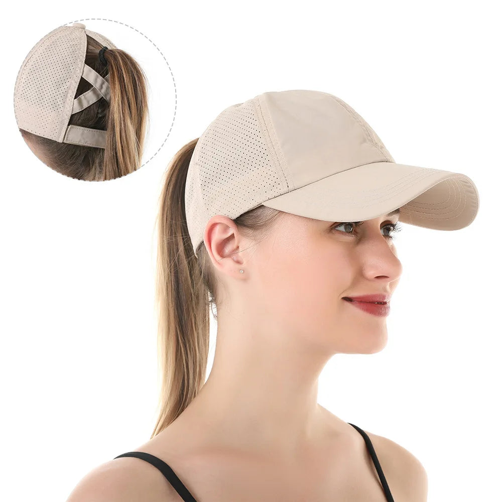 Summer Mesh Baseball Cap Women – Quick-Dry Cross Ponytail Visor Hat