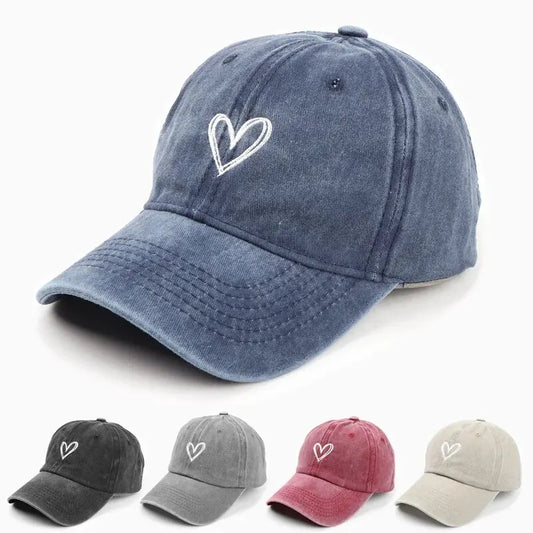 Peach Heart Embroidery Washed Baseball Cap Unisex – Soft Top Spring Summer Hat