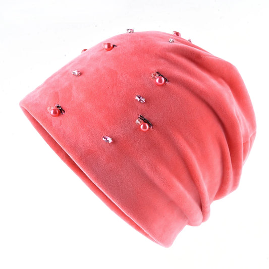 Autumn Winter Hats For Women Cute Rhinestone Pearls Chain Beanies Girls Warm Soft Double Layer Velvet Caps