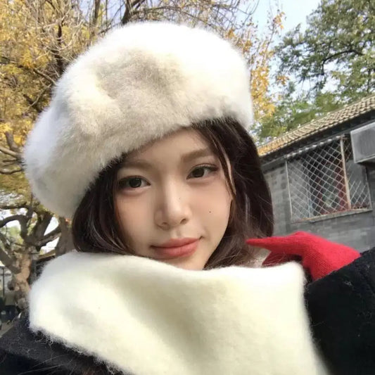 Autumn Winter Warm Fur Hat Thicken Furry Artist Painter Hat Solid Color Octagonal Cap