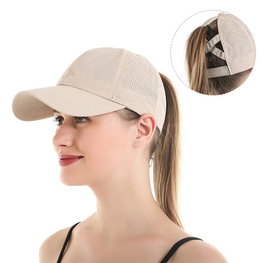 Summer Mesh Baseball Cap Women – Quick-Dry Cross Ponytail Visor Hat
