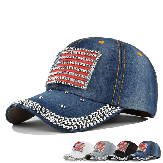 America Flag Rhinestone Spot Drill Baseball Cap Fashion Cowboy Hat Denim Hip Hop Hats