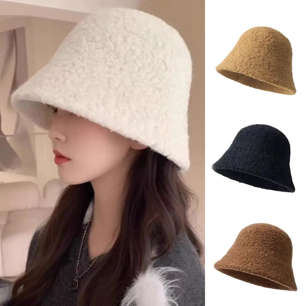 Autumn Winter Wool Bucket Hat Women Fashion Vintage Rabbit Fur Fisherman Hat