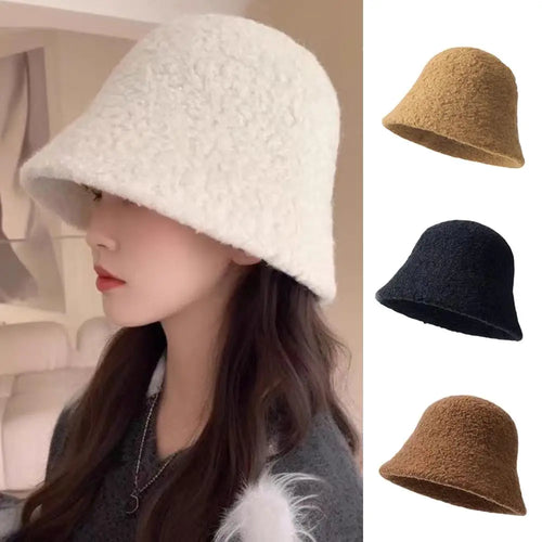 Autumn Winter Wool Bucket Hat Women Fashion Vintage Rabbit Fur Fisherman Hat