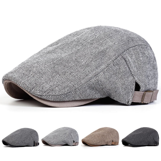Men Retro Herringbone Newsboy Cap Adjustable British Flat Beret Hat Spring Autumn